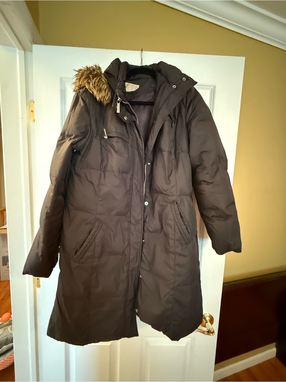 Michael Kors Women's Long Puffer Coat with Faux-Fur Hood - charcoal gray